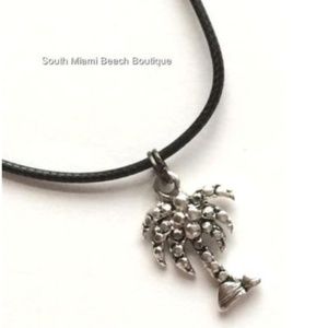 Palm Tree Necklace Silver Plated Black Cord Coconut Island Beach Surfer Hawaiian